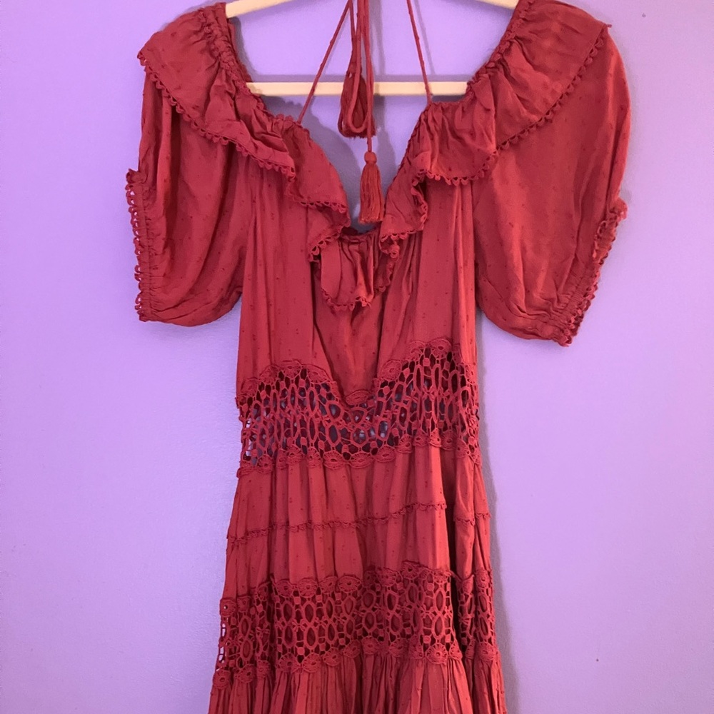 Free People crochet & ruffles w/tassel ties dress